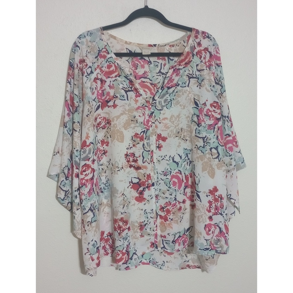 Ariat Womens XXL Floral Dolman Sleeve Split Neck Blouse Pink Blue White Top